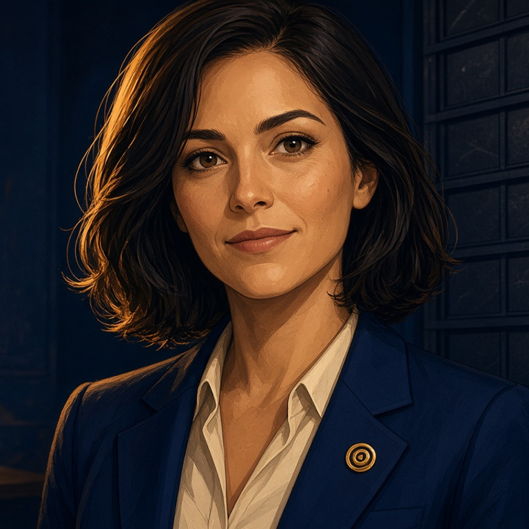 Illustrated portrait of Morgan, Resonant’s calendar and executive assistant, in a navy concierge blazer with an amber pin — warm, dry, and on time.